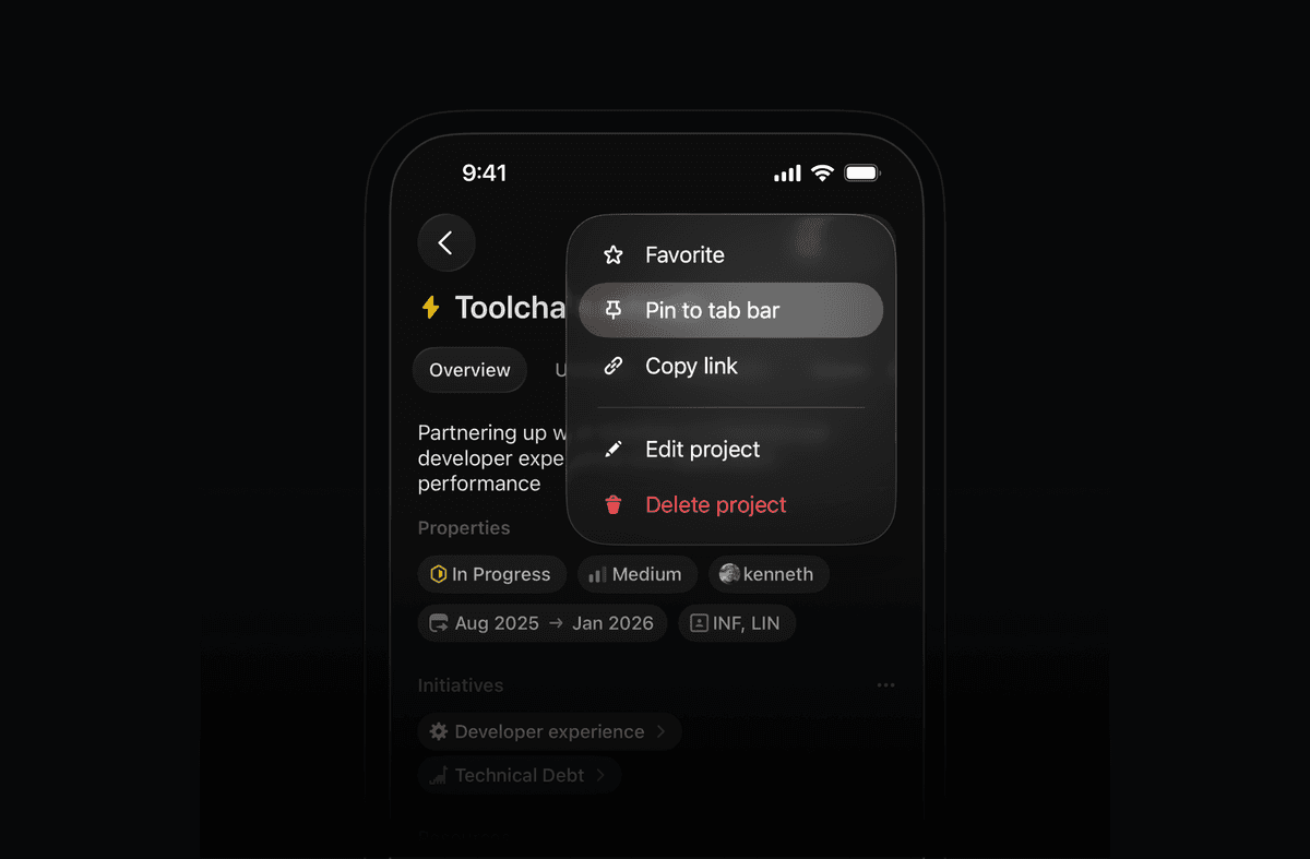 Linear mobile project screen with an options menu open, showing actions like Favorite, Pin to tab bar, Copy link, Edit project, and Delete project.