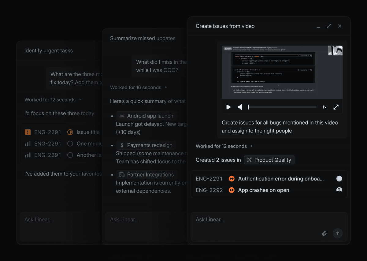 Inline agent session examples, creating issues from an uploaded video