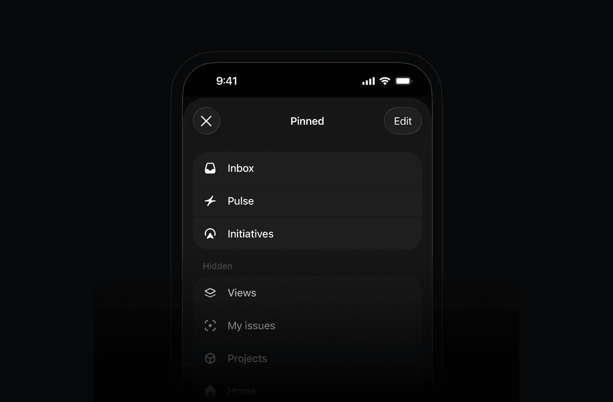 Linear mobile app showing the “Pinned” menu, with Inbox, Pulse, and Initiatives pinned at the top, plus Edit and Close buttons.