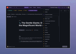 Dark mode content management system interface showing a blog post editing view and an open dropdown menu with content versions listed under 