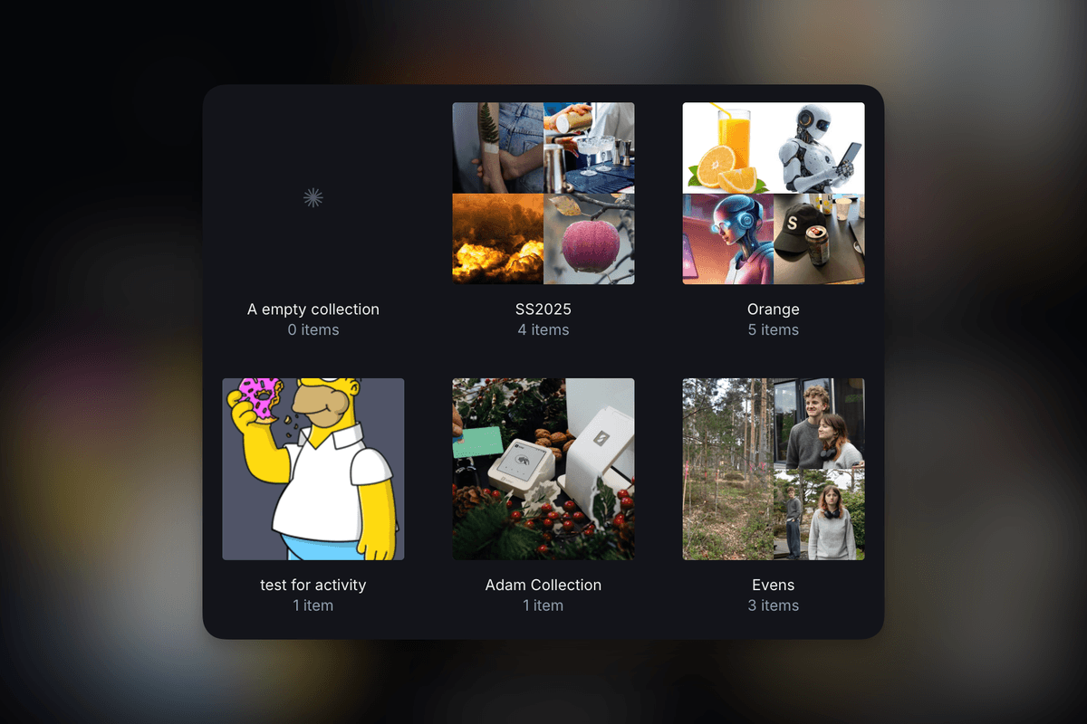 Dark mode gallery UI showing six image collections. Thumbnails include Homer Simpson eating a donut, a robot, orange juice, and diverse photos.