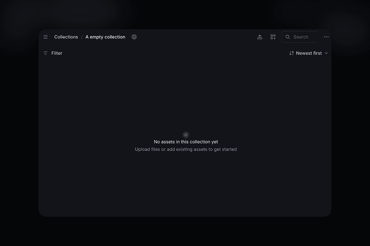 Dark mode interface showing an empty collection with the message 