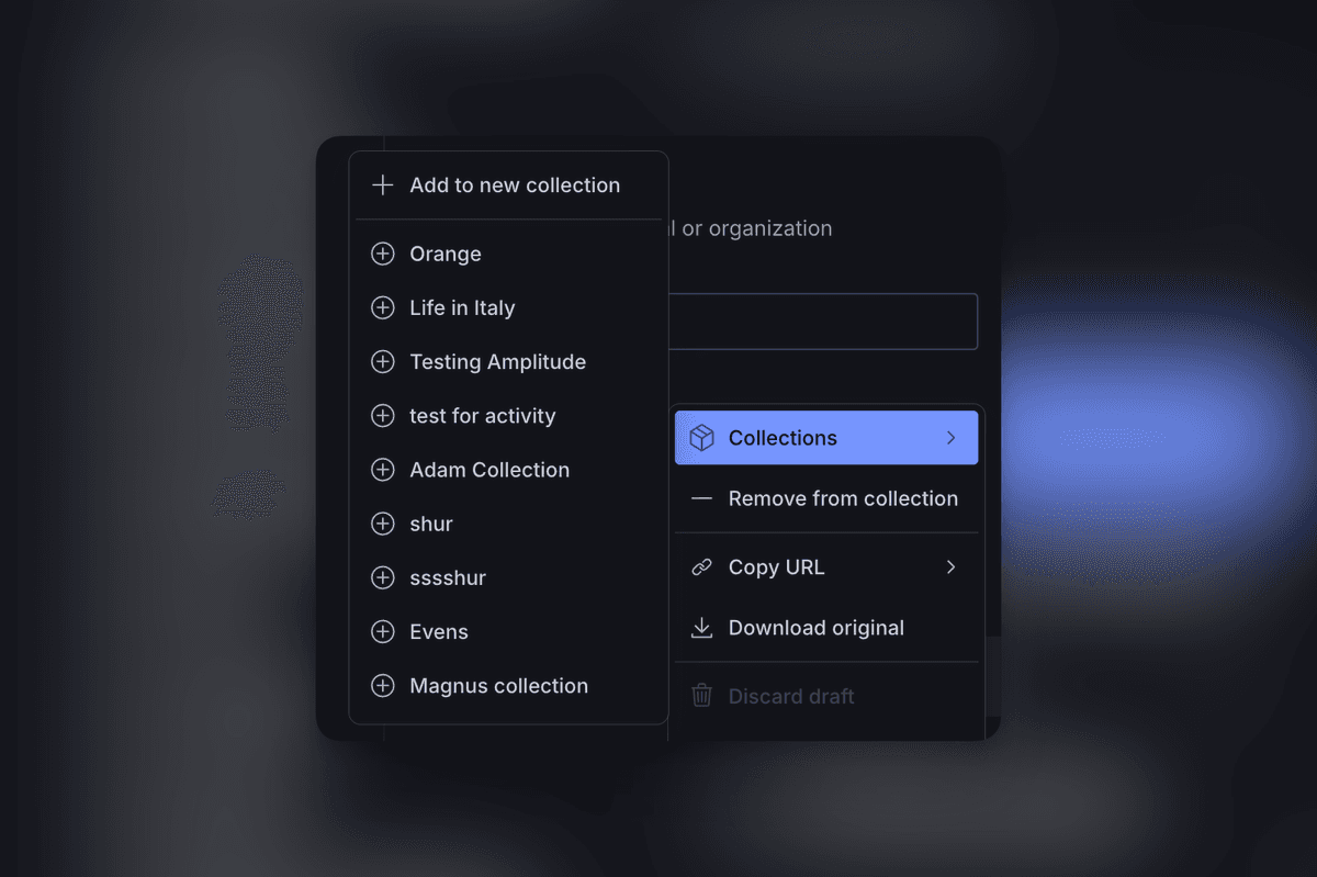 Dark-themed user interface displaying collection management menus, one listing existing collections and the other offering options like 