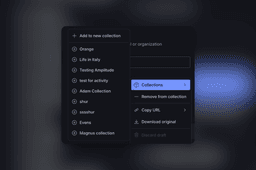 Dark-themed user interface displaying collection management menus, one listing existing collections and the other offering options like 