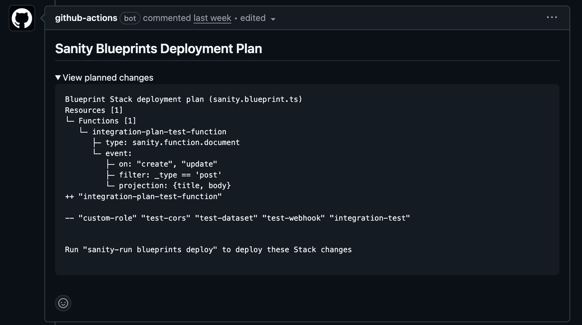 A Sanity Blueprints deployment plan from a GitHub Actions bot, detailing a new function, removed test resources, and the deploy command.