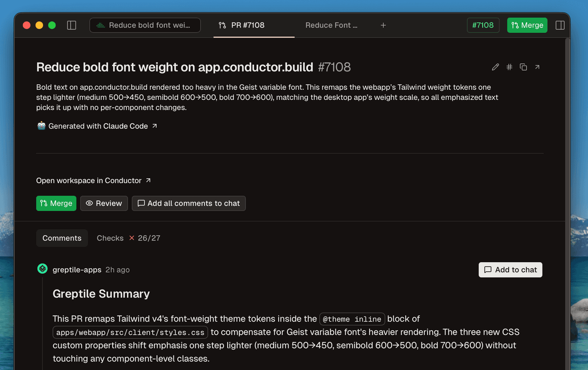 A pull request in Conductor's new PR page, with merge button, checks, and comments