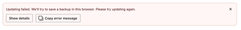 Error message with a show details and copy error message options.