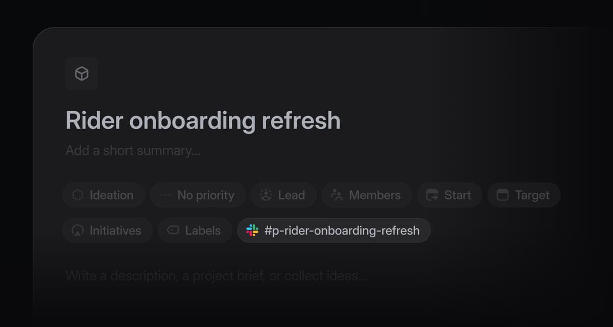Project overview page in Linear titled "Rider onboarding refresh". #p-rider-onboarding-refresh is a Slack channel appearing next to other project properties in the header.