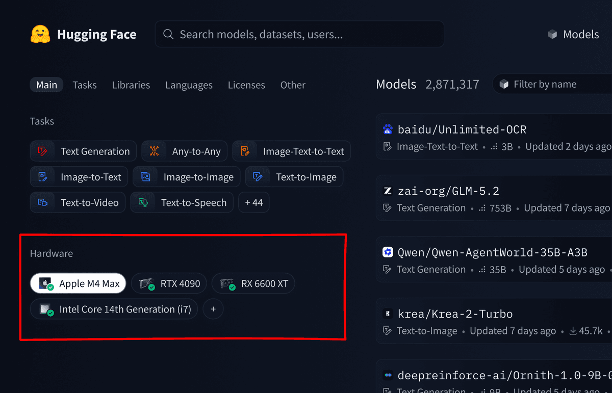 Hardware filter on Models page
