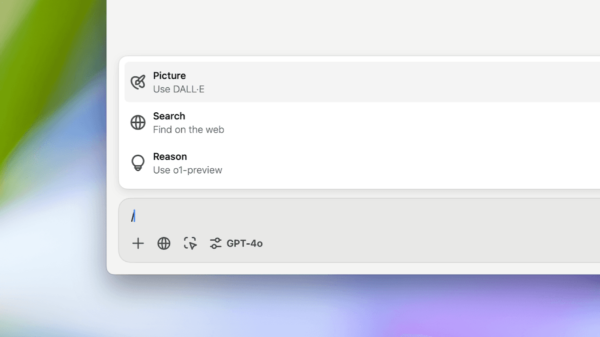 ChatGPT macOS composer tools menu with Picture, Search, and Reason options above GPT-4o
