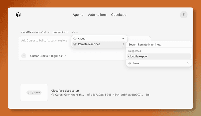 Cursor Cloud Agents environment selector showing the cloudflare-pool self-hosted machine pool