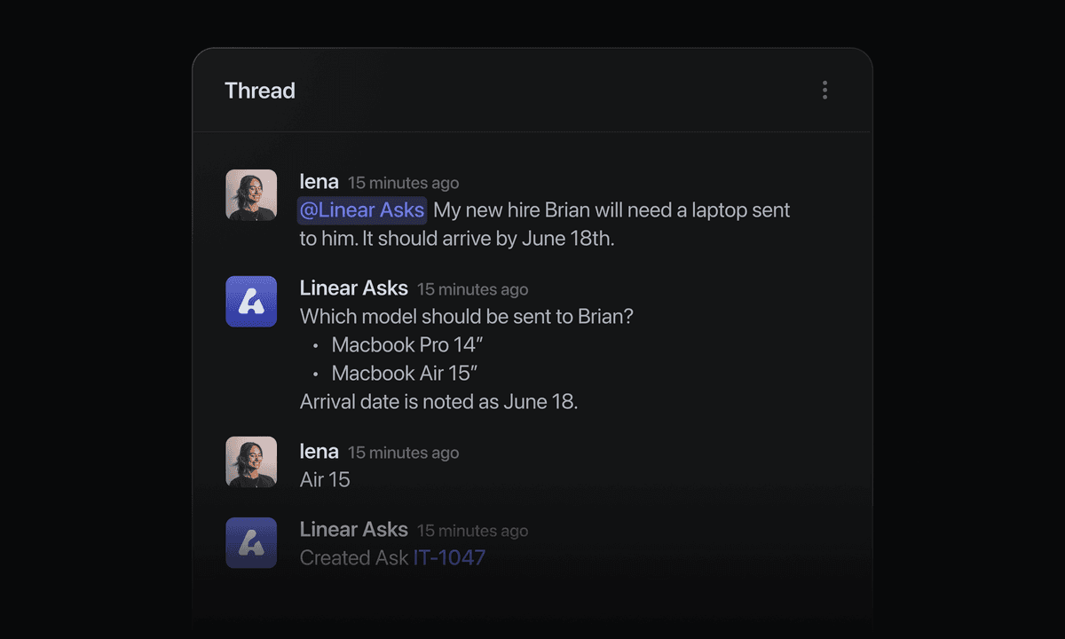 User mentions @Linear Asks in Slack, and Asks replies with a clarifying question -- which laptop model should be sent to Brian? The requester answers and Asks creates the issue.