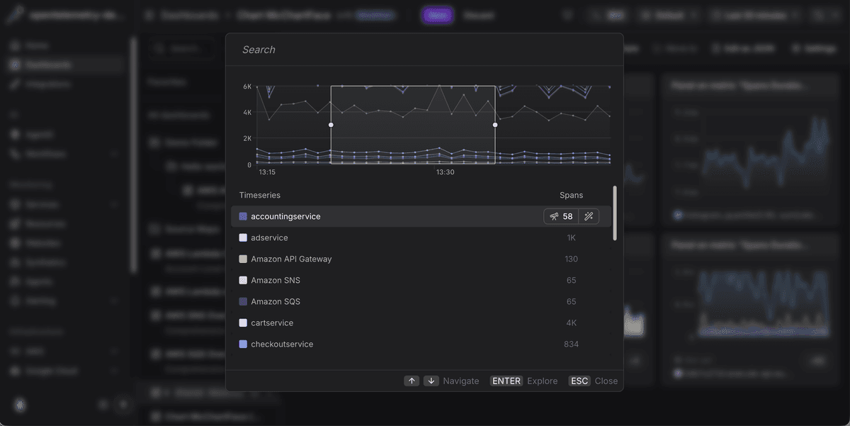 For charts with many series, drilldown opens a searchable picker. Each row is its own drilldown, with live counts of matching spans, logs, and web events.