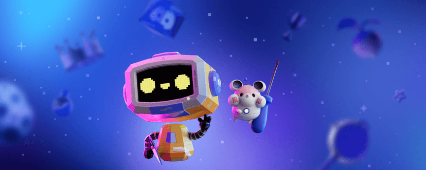 Clyde and Nelly against a dark, blurred background. Icons of crowns, trophies, stars, and other gaming-related objects float in the distance.