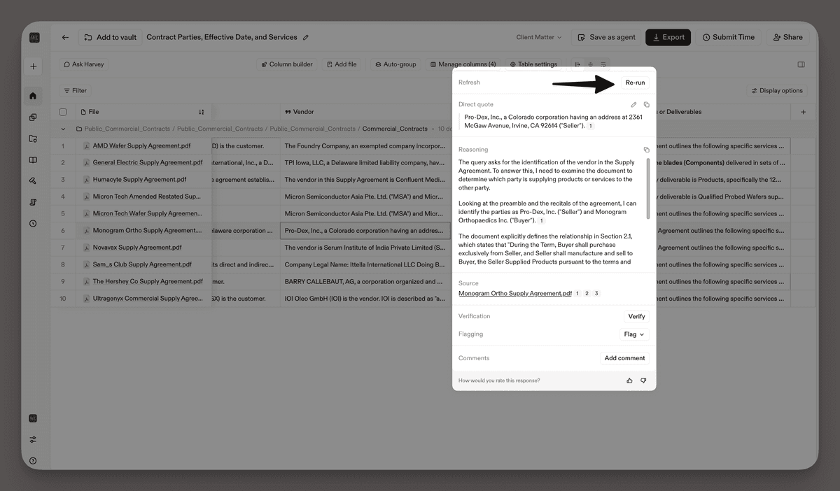 A screenshot of Harvey's review table interface showing a spreadsheet-style table of supply agreements.A screenshot of Harvey's contract analysis interface showing a spreadsheet-style table of supply agreements. A popup panel is open on the right, displaying an AI-generated response.