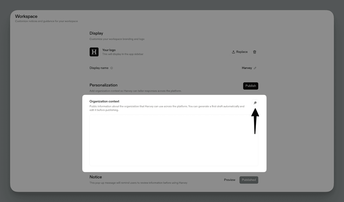 Highlighted Organization Context text box with an arrow pointing to a magic wand button