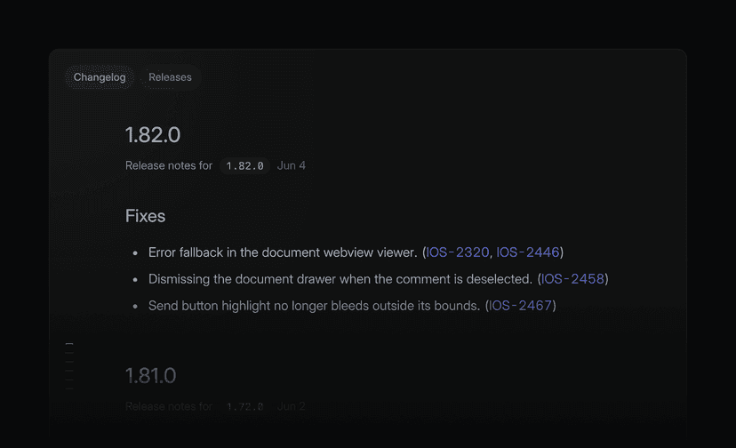 release pipeline changelog for an iOS pipeline showing fixes in releases 1.81.0 and 1.82.0