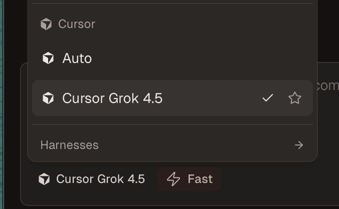 Auto and Cursor Grok 4.5 in the Cursor model picker