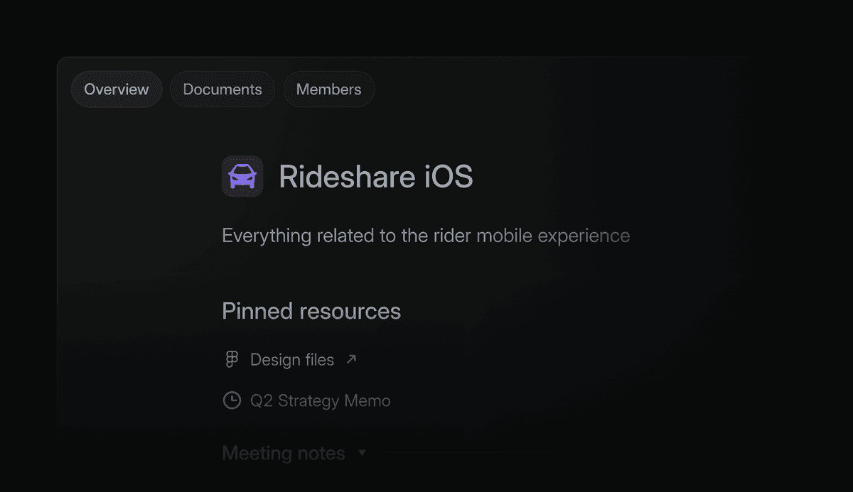 Shows a team page with pinned docs and links