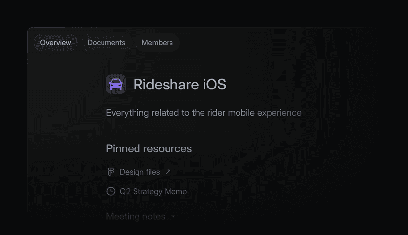 Shows a team page with pinned docs and links