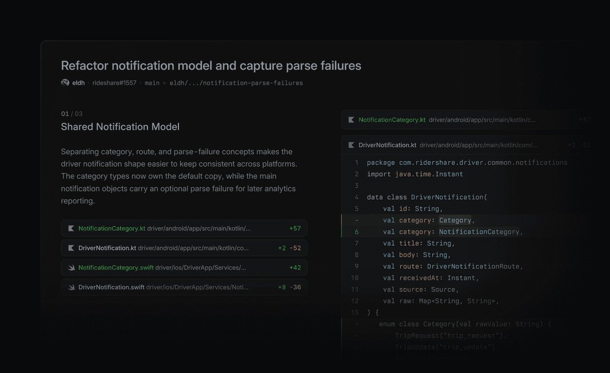 guided review with an explanation and file selection on the left, and the diffs on the right