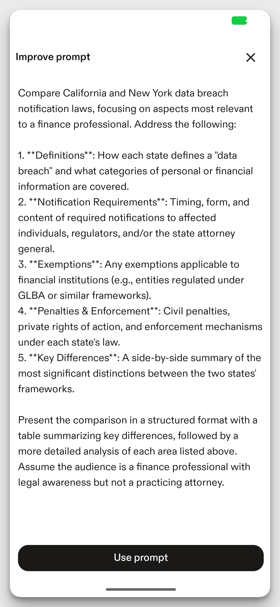 Screenshot of the Harvey app's "Improve prompt" screen, showing an AI-expanded version of the original prompt. A "Use prompt" button appears at the bottom.