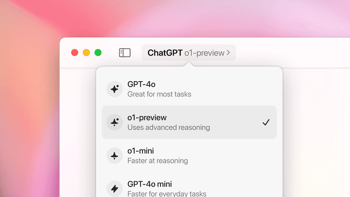 ChatGPT macOS model picker with o1-preview selected