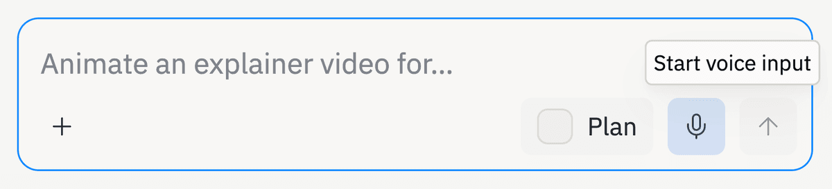 The Agent chat box with the microphone button highlighted and a 'Start voice input' tooltip, next to the Plan checkbox and the send arrow