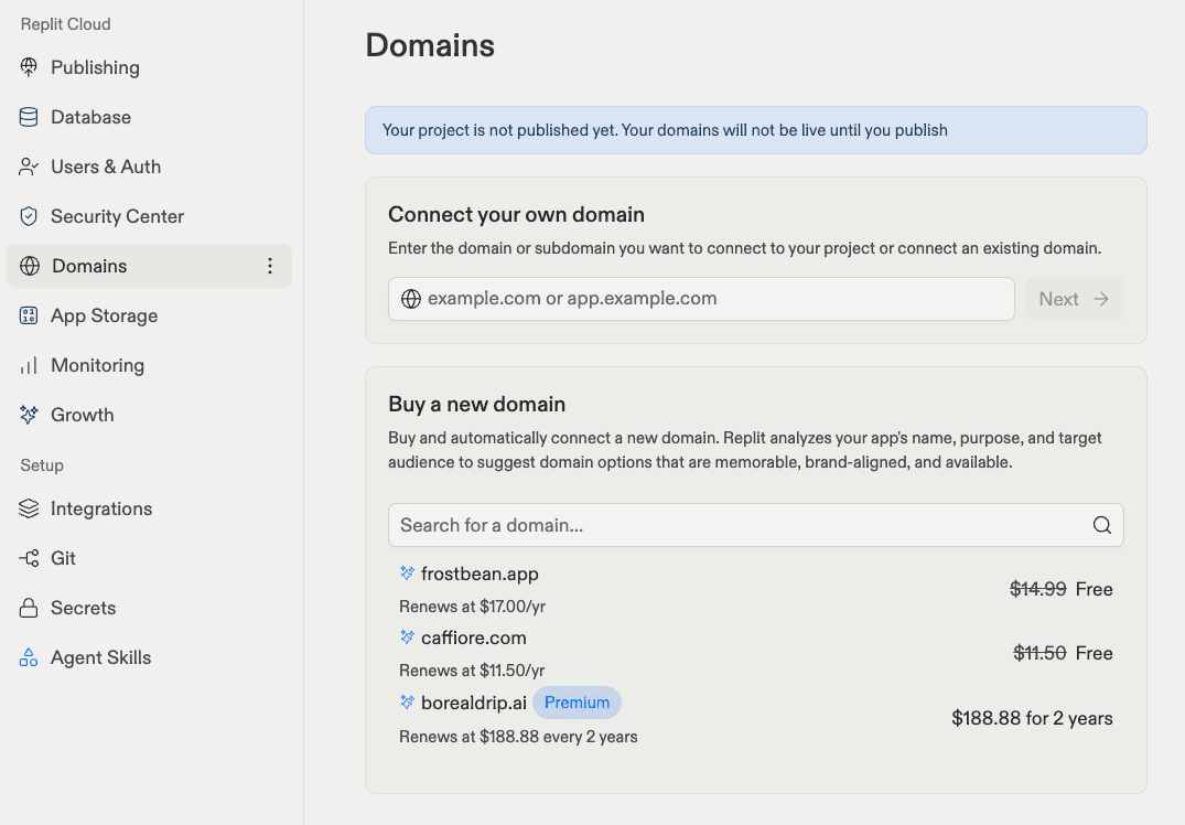 Replit Domains page showing options to connect an existing domain or buy a suggested new domain