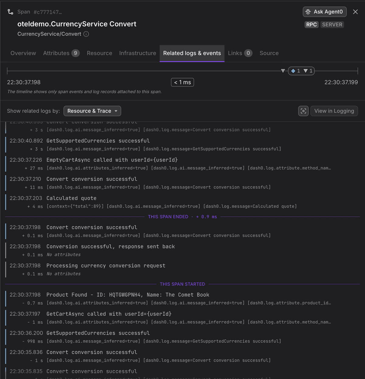 The new "Related logs & events" tab in the span sidebar.