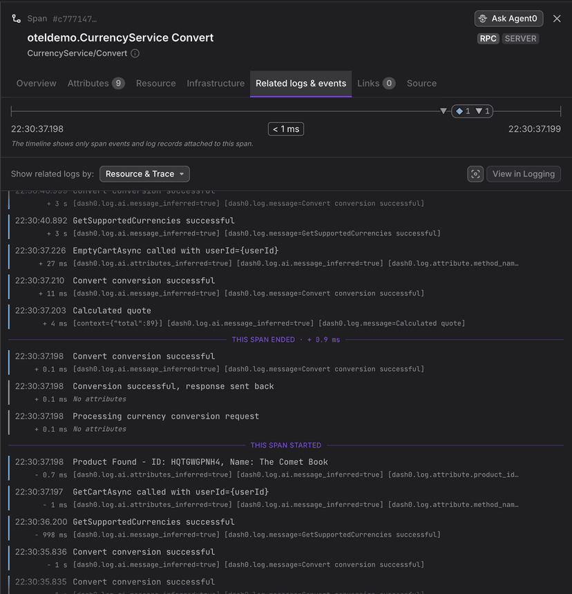 The new "Related logs & events" tab in the span sidebar.
