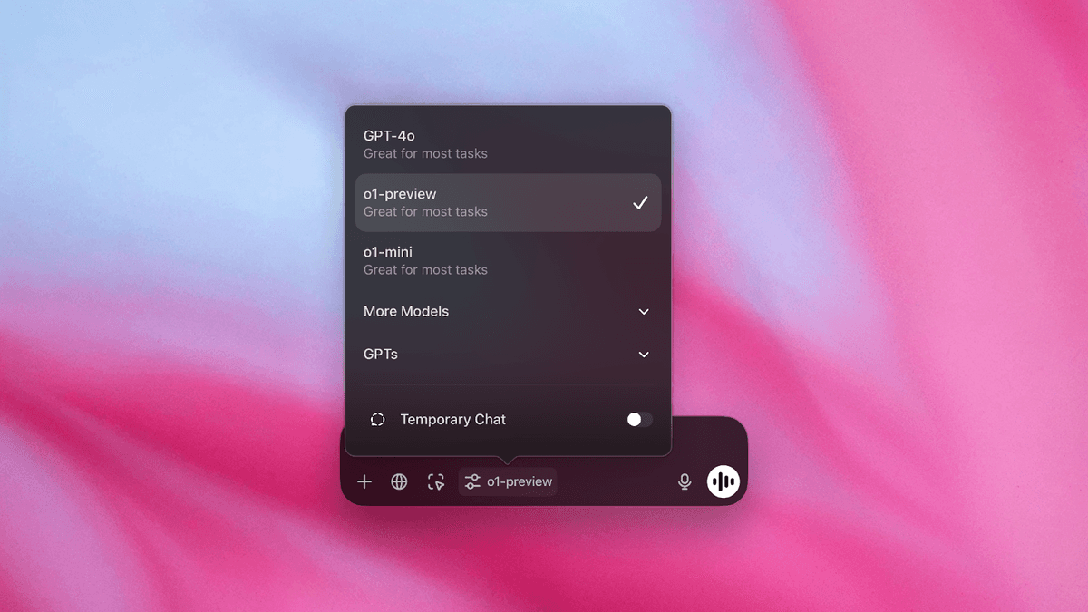 ChatGPT macOS model picker with o1-preview selected and Temporary Chat toggle visible