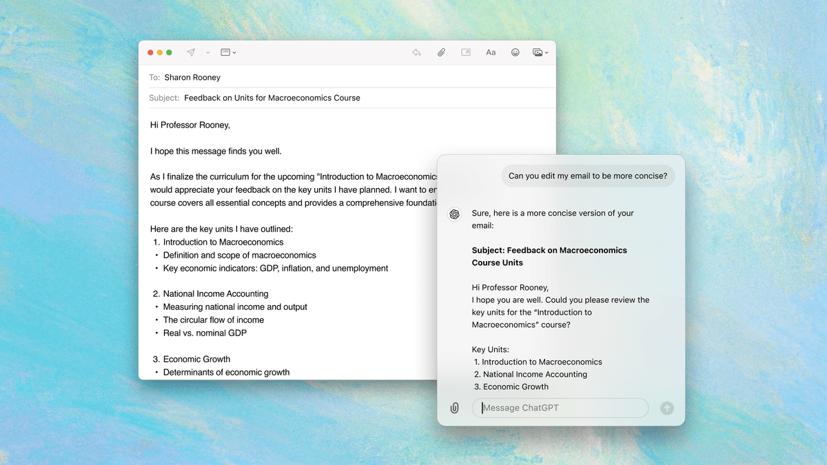ChatGPT macOS companion window rewriting an email draft into a more concise version beside the Mail compose window