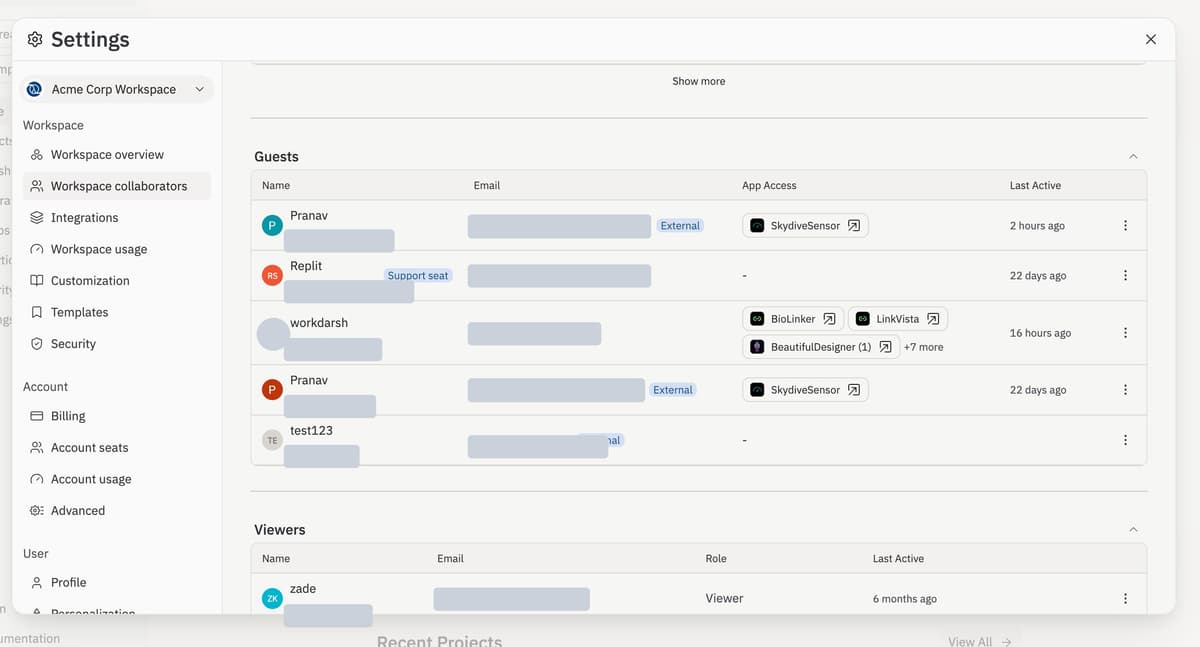 The Guests table in workspace collaborator settings, showing each guest's name, redacted email, External badge, the apps they can access, and last active time, with a per-guest overflow menu