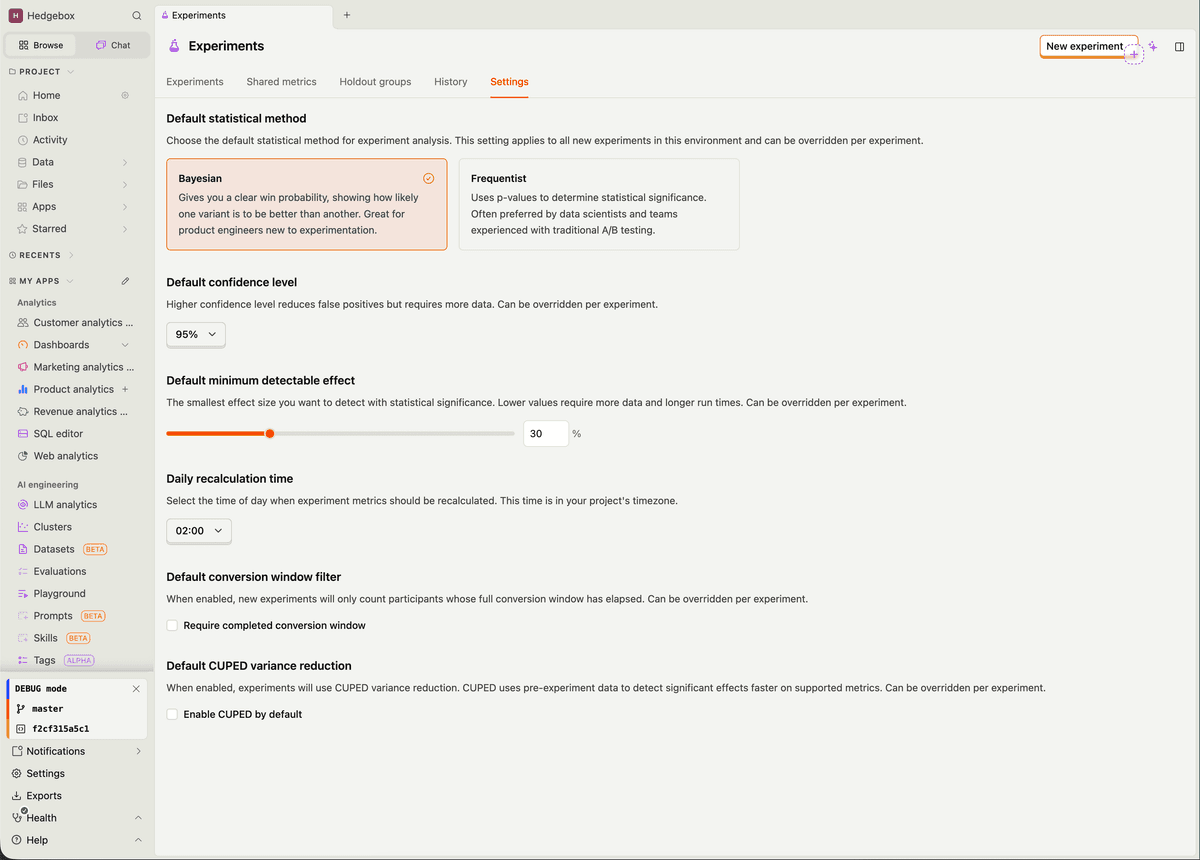 Updated experiments settings page