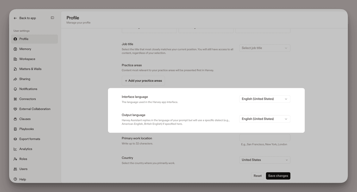 Harvey's language localization interface