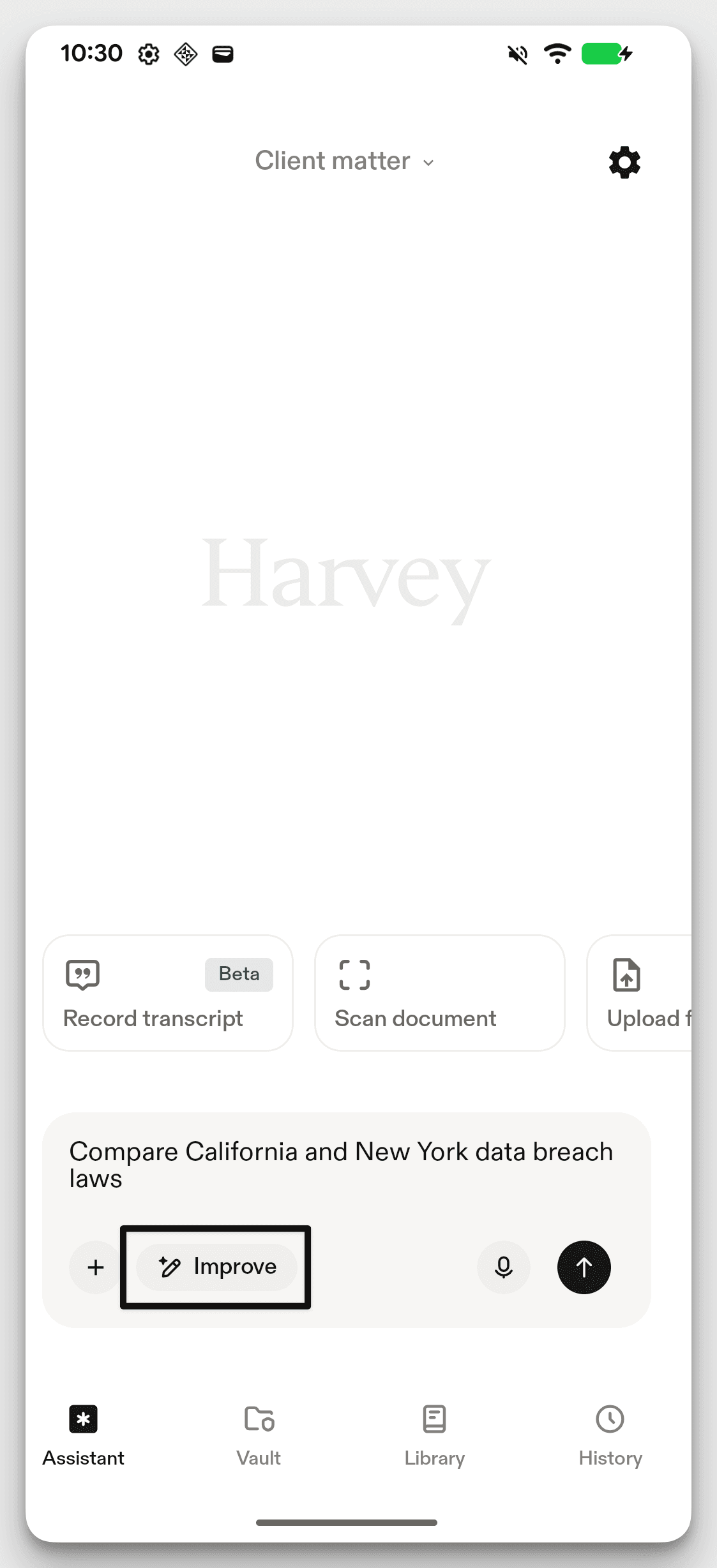 Screenshot of the Harvey mobile app's Assistant screen. A text prompt box below reads "Compare California and New York data breach laws," with a highlighted "Improve" button (outlined in black).