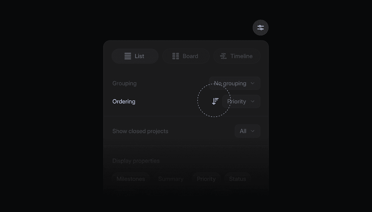 New icon left of ordering in Display Options on a view that lets you control how swimlanes are ordered.