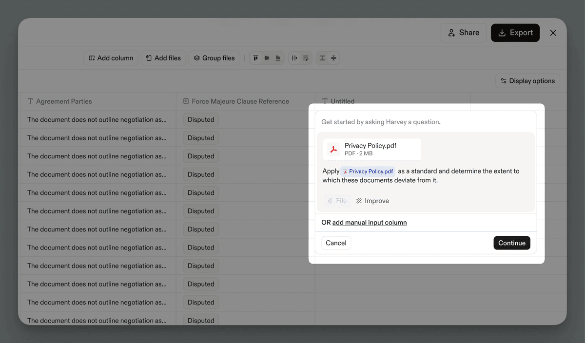 A modal dialog in Harvey's review table interface prompts the user to apply "Privacy Policy.pdf" as a standard to measure document deviations, overlaying a spreadsheet with "Agreement Parties" and "Force Majeure Clause Reference" columns.