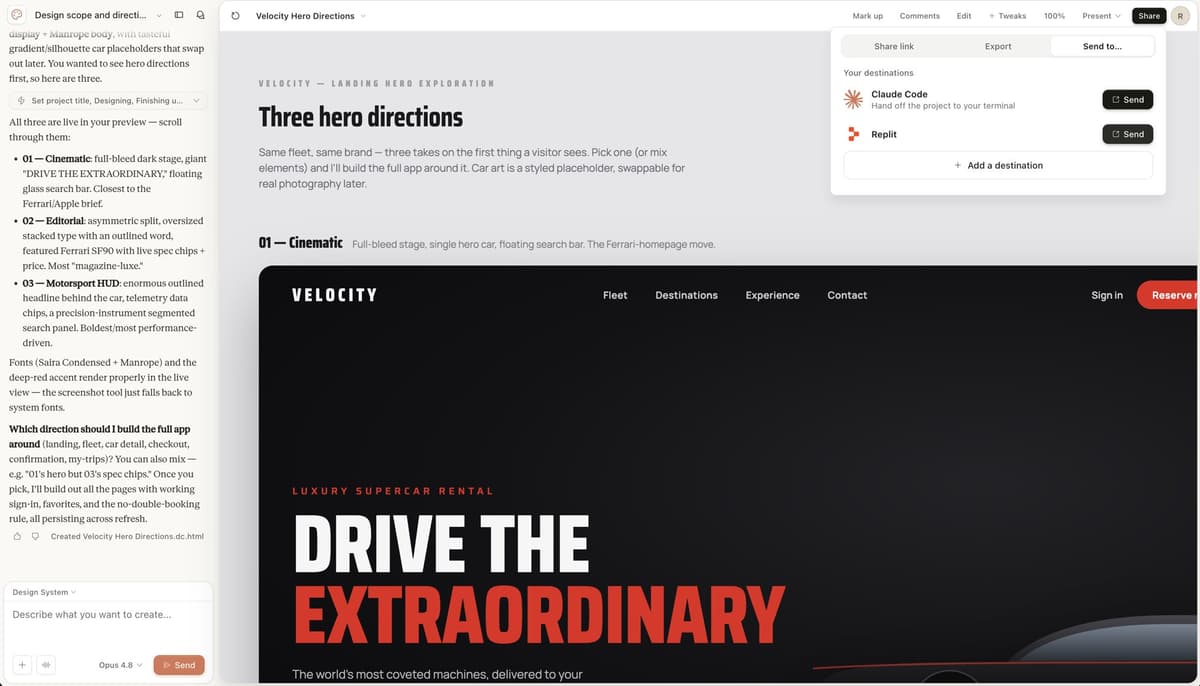 The Claude Design send-to menu open, showing Replit as a destination for sending a design straight into a runnable app