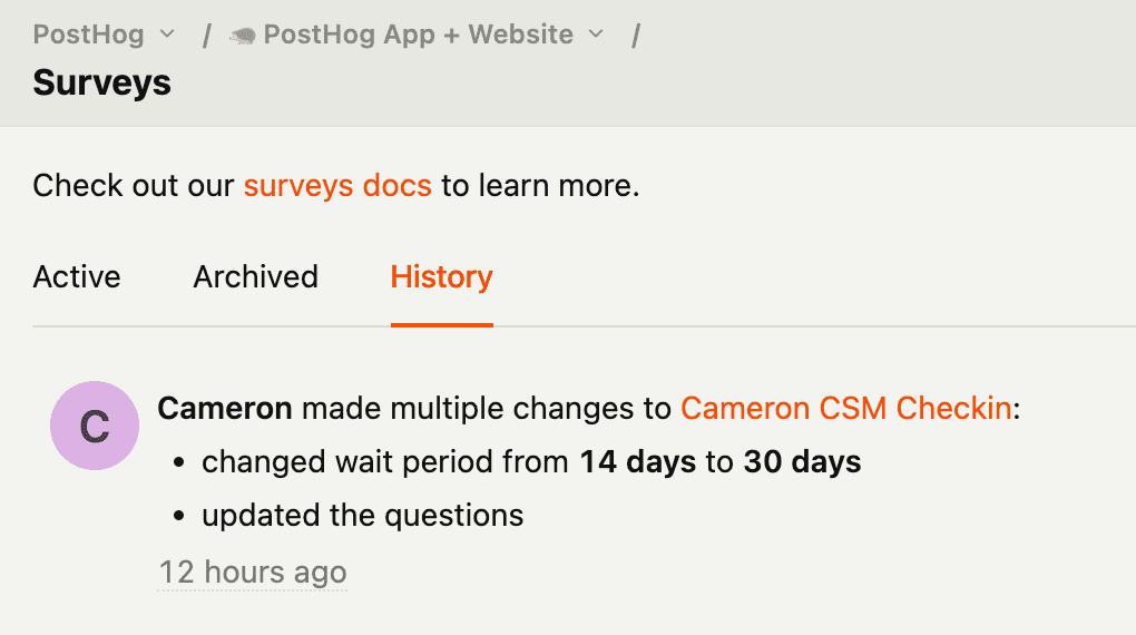 Survey history view