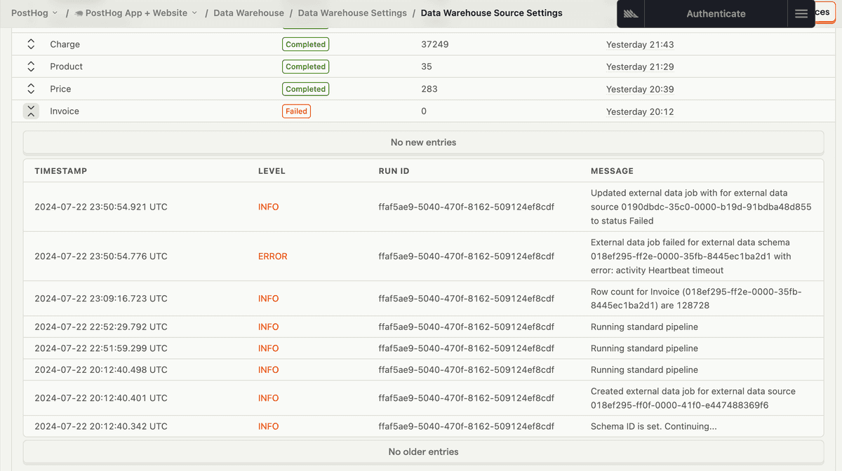 Data warehouse sync logs