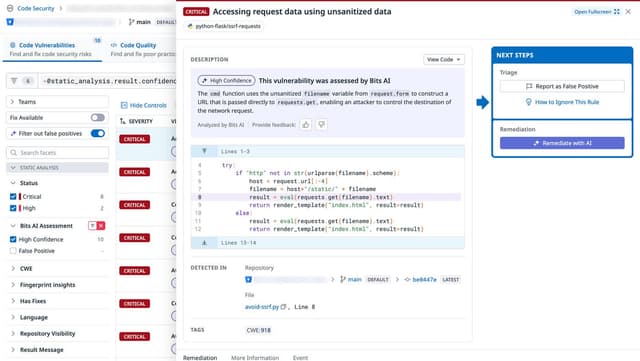 Datadog Code Security finding with repository, file path, affected code, severity, and remediation details.
