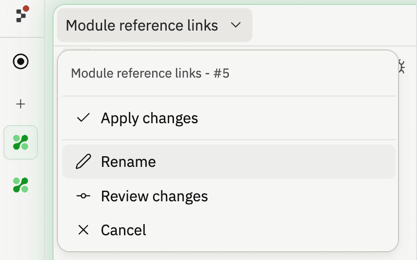 Task settings dropdown open on a task card showing Apply changes, Rename, Review changes, and Cancel actions in a fixed-width popover